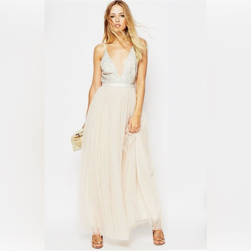 Needle & Thread Plunge V-Tulle Maxi in Cream & Dust Sz 4